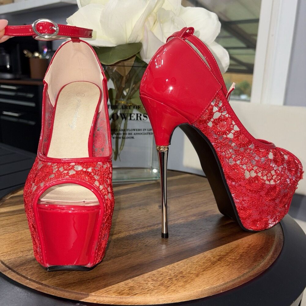 Halloween Punk Goth Red Floral Lace Platform Metal Stiletto Retro Pumps Sz 7